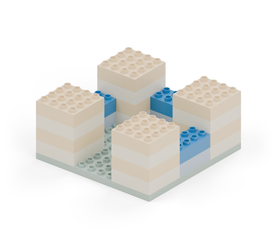Add another blue long brick to each connecting wall. New additions are shown in their original colours; earlier pieces are lighter.