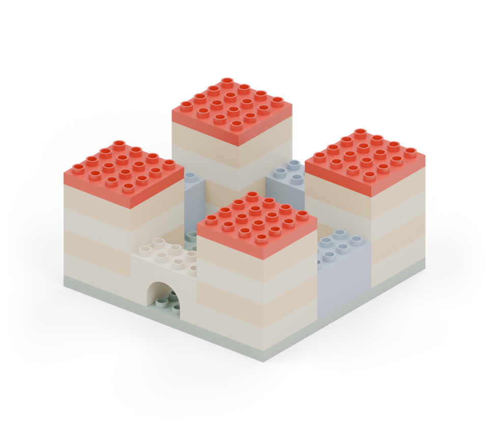 Cap each tower with a red square plate. New additions are shown in their original colours; earlier pieces are lighter.