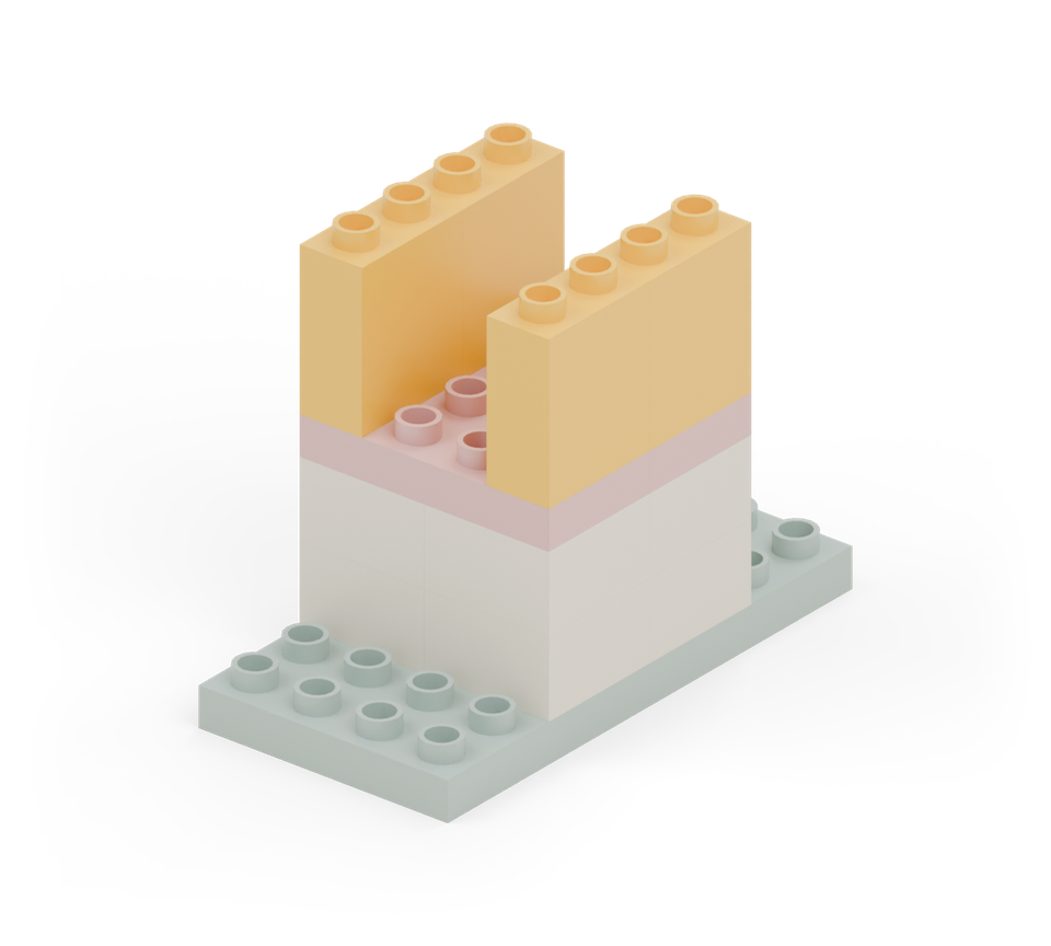 Add two yellow wall bricks along each side of the roof, leaving the middle two stud columns open.