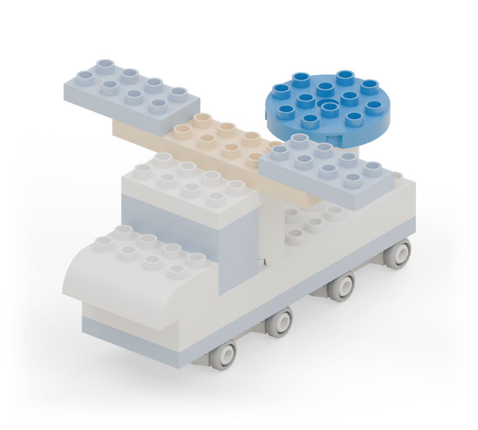 Stand the white round tower brick on the middle of the rear deck. Cap it with the blue round plate, centred over the tower. New additions are shown in their original colours; earlier pieces are lighter.