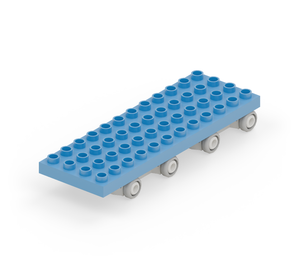 Make the blue body floor with two wide plates end to end. Align the back of the floor with the back chassis; the front projects two rows beyond the front chassis. New additions are shown in their original colours; earlier pieces are lighter.