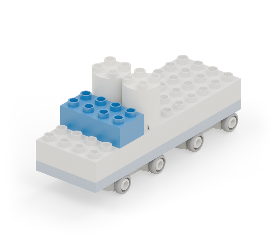 Start the cabin with two white round tower bricks side by side, directly in front of the middle seam. Add two blue squares in front of them as the lower windscreen. New additions are shown in their original colours; earlier pieces are lighter.