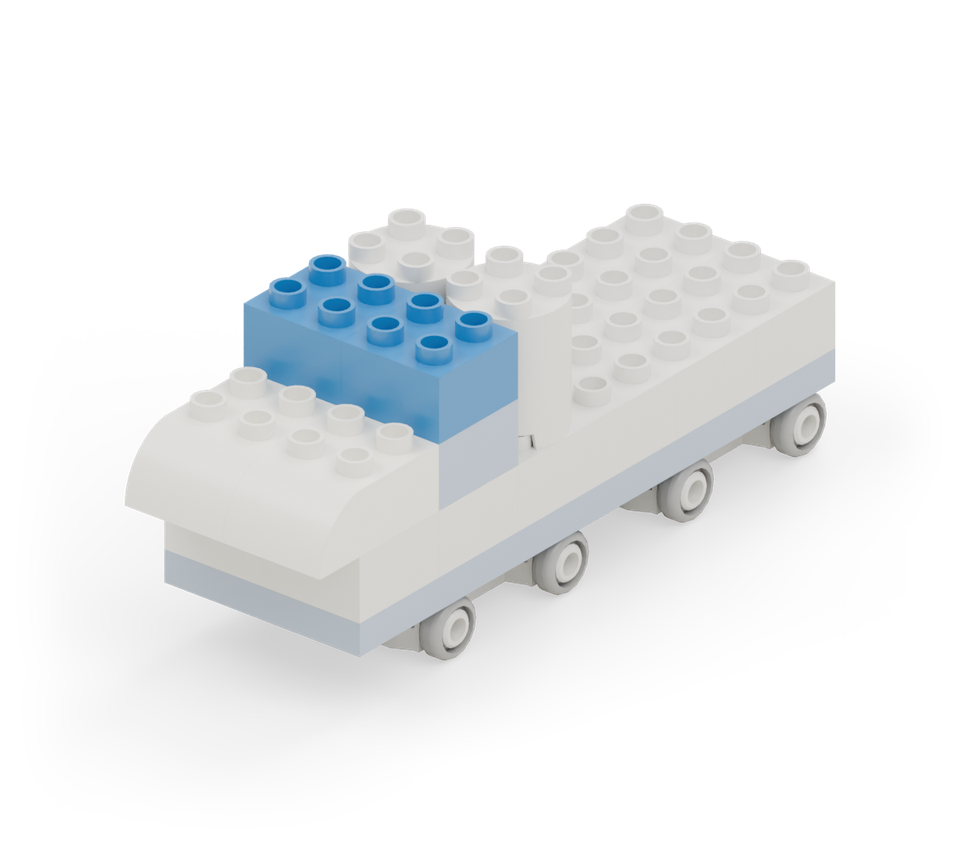 Raise the windscreen with two more blue squares. Add two white curves to the nose in front, rounded ends pointing forward. New additions are shown in their original colours; earlier pieces are lighter.