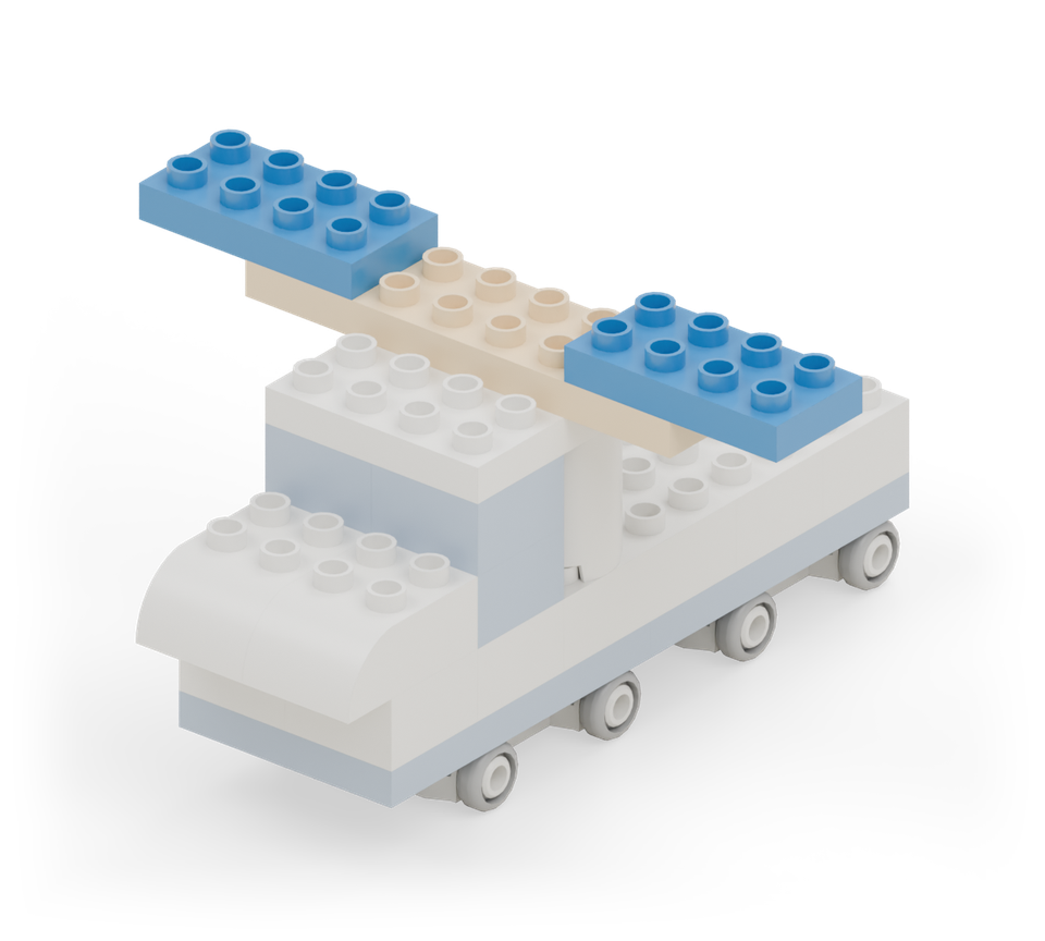 Add a blue small plate across each end of the yellow beam as a solar panel. Each panel has two columns on the beam and two projecting beyond it; leave the four columns over the cabin clear. New additions are shown in their original colours; earlier pieces are lighter.