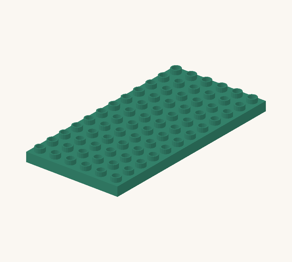 Place the green large base plate with its twelve-stud length running from back to front. New additions are shown in their original colours; earlier pieces are lighter.
