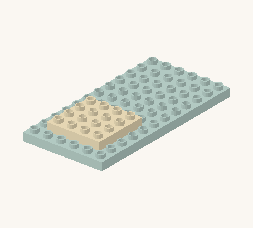 Lay the cream square plate near the front for the porch. Leave one row of green studs along each side and in front of it; the cottage will sit behind it. New additions are shown in their original colours; earlier pieces are lighter.