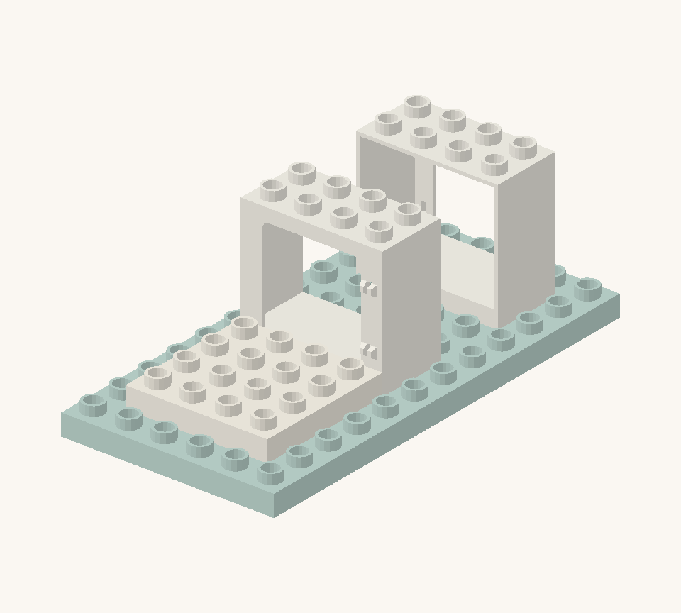 Set two white window frames along the centre of the garden, with two clear rows between them. Face the hinge details outward: the rear frame faces back and the front frame faces you. New additions are shown in their original colours; earlier pieces are lighter.