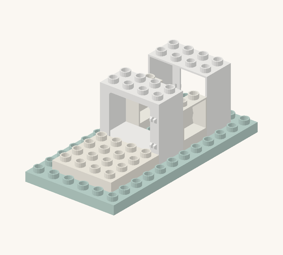 Fill the lower side walls between the frames with two white log bricks, turned from back to front. Their ridges face outward. New additions are shown in their original colours; earlier pieces are lighter.