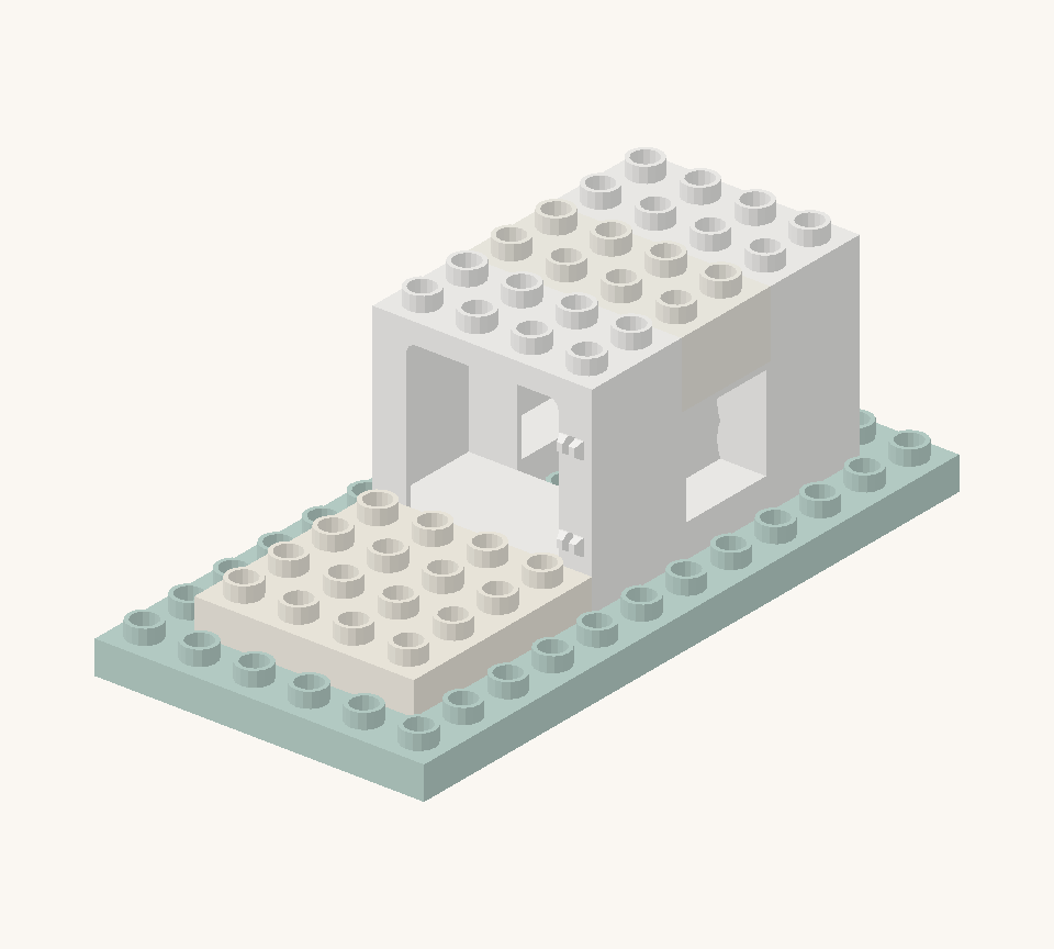 Place two white squares above the side walls, side by side. Their tops now line up with the window frames. New additions are shown in their original colours; earlier pieces are lighter.