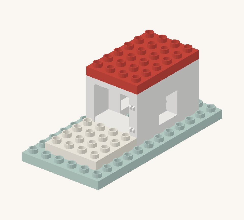 Cover the cottage with the red wide plate. It spans both frames and side walls. New additions are shown in their original colours; earlier pieces are lighter.