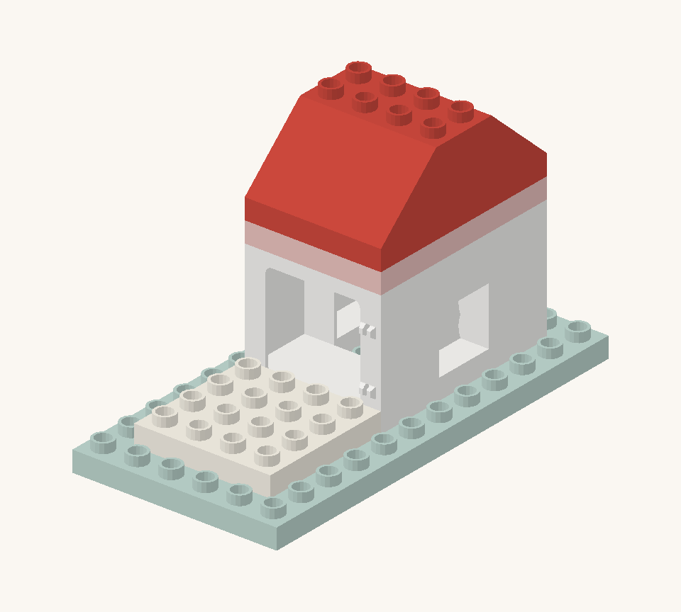 Make the pitched roof with four red tall slopes. Point the low ends toward the back and front; the high edges meet along the middle ridge. New additions are shown in their original colours; earlier pieces are lighter.
