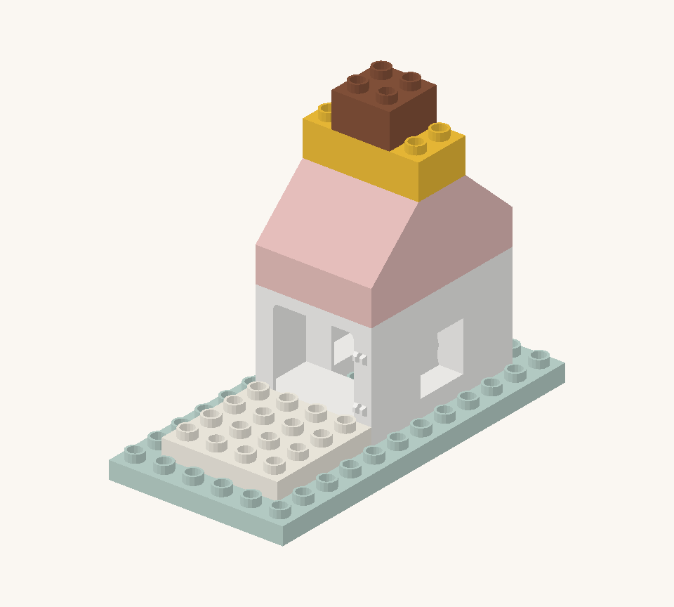 Join the ridge with a yellow long brick running across the house, then centre a brown square on it for the chimney. New additions are shown in their original colours; earlier pieces are lighter.
