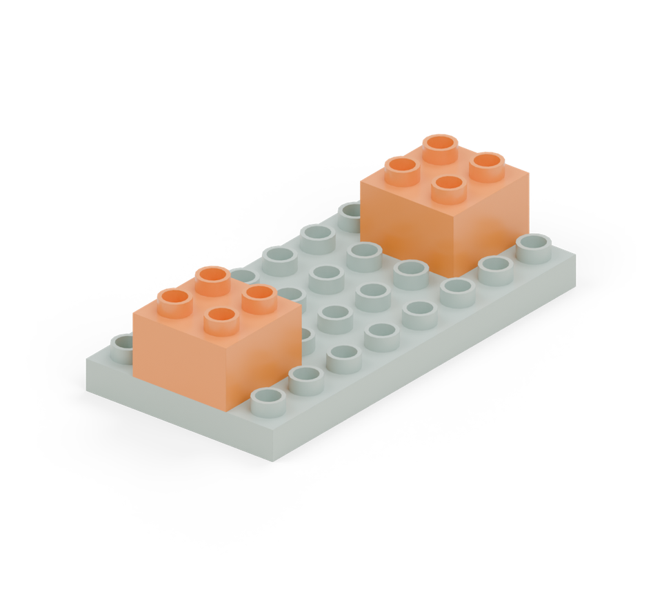 Place an orange square brick at each end, centred across the base. New additions are shown in their original colours; earlier pieces are lighter.
