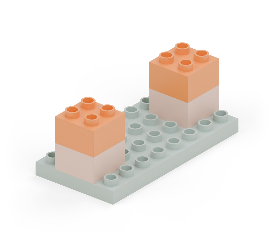 Add an orange square brick to each support. New additions are shown in their original colours; earlier pieces are lighter.