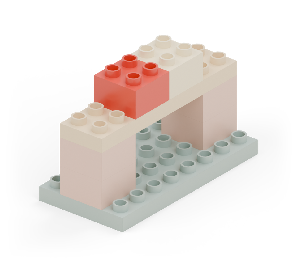 Add the red and cream square display blocks to the four middle rows of the counter. New additions are shown in their original colours; earlier pieces are lighter.