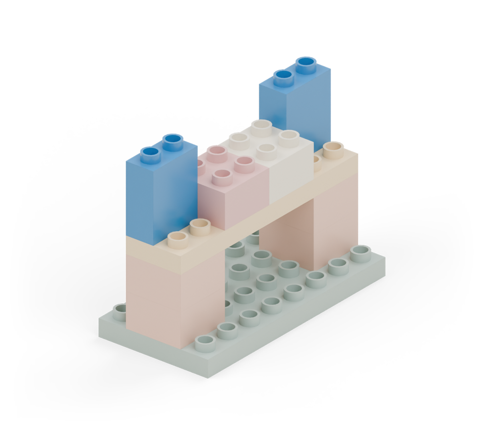 At each end, place a blue wall brick along the back row of the counter. New additions are shown in their original colours; earlier pieces are lighter.