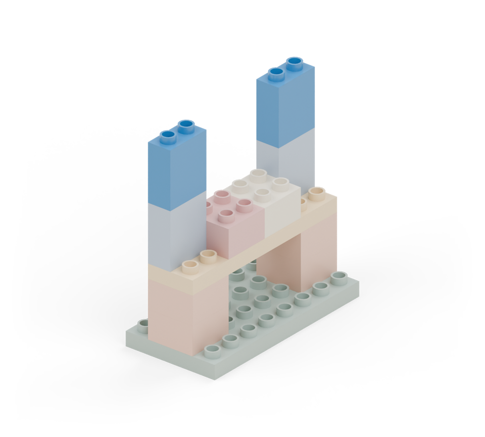 Add another blue wall brick directly above each back post. New additions are shown in their original colours; earlier pieces are lighter.