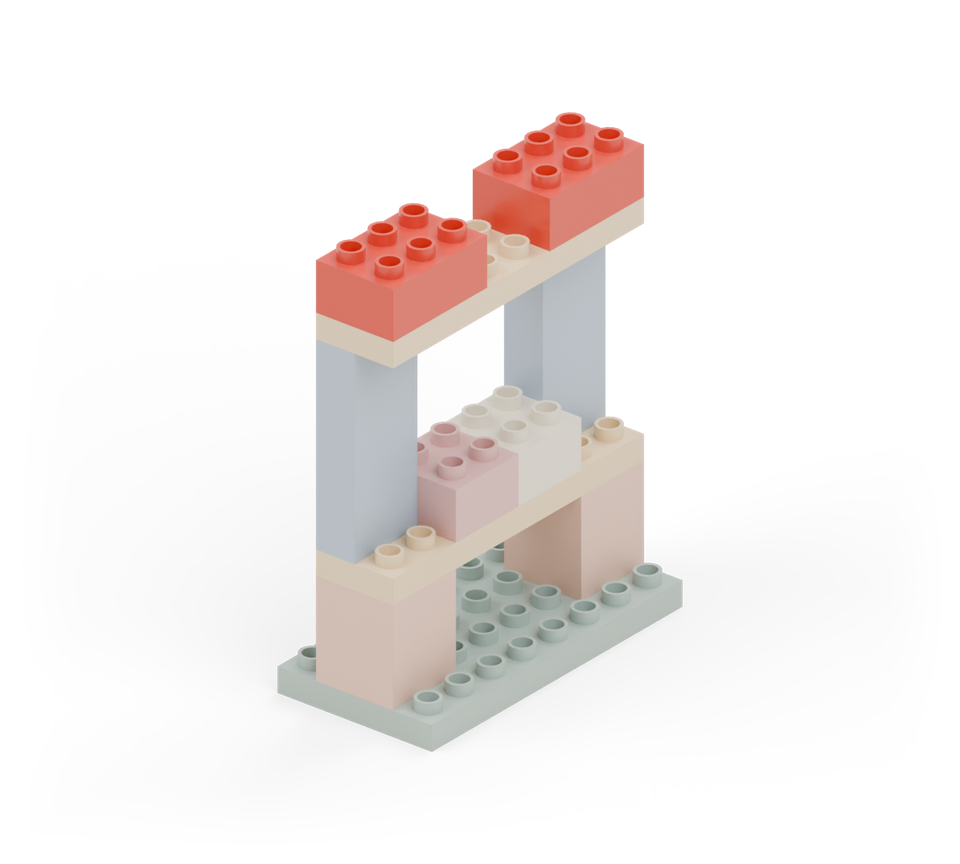 Add a red medium brick at each end of the roof, leaving two stud rows clear in the middle. Press the roof plate onto both blue posts. New additions are shown in their original colours; earlier pieces are lighter.