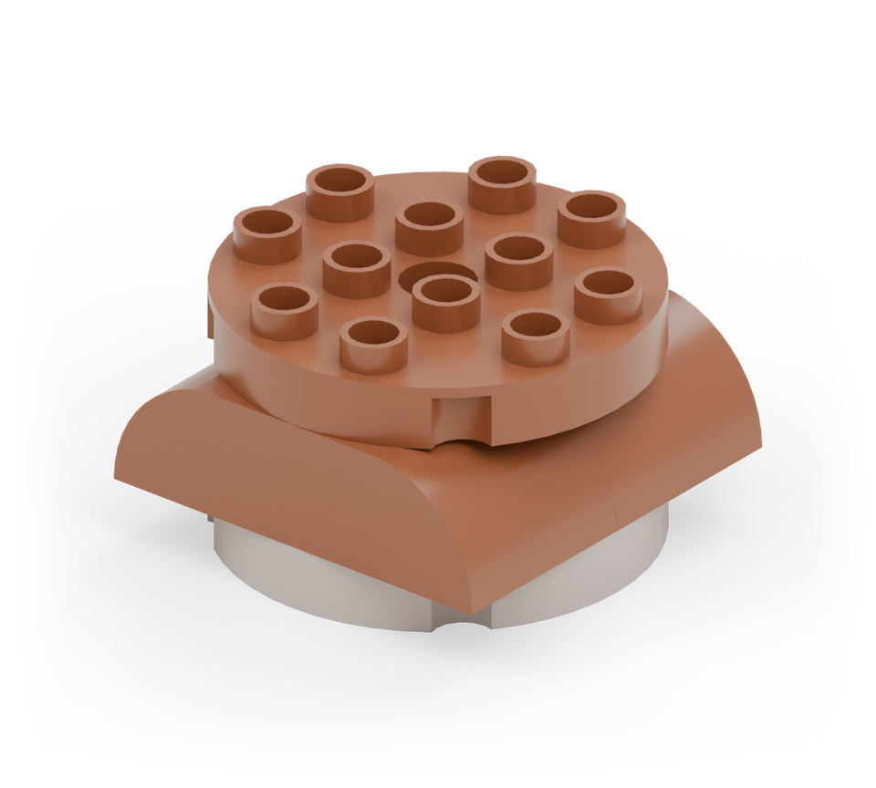 Make the pot sides with two brown double-curved bricks turned across the plate. Cover them with the second brown round plate as the rim.