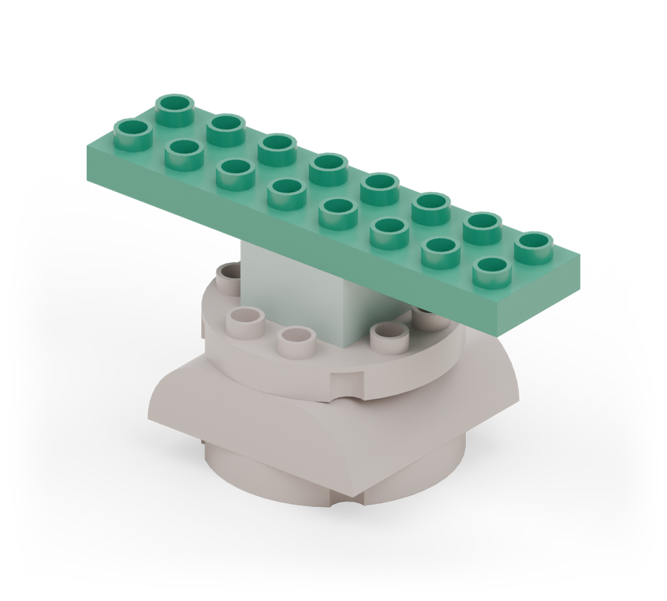 Centre the green long plate across the square. It reaches three stud columns beyond the square on each side and will carry the two arms.