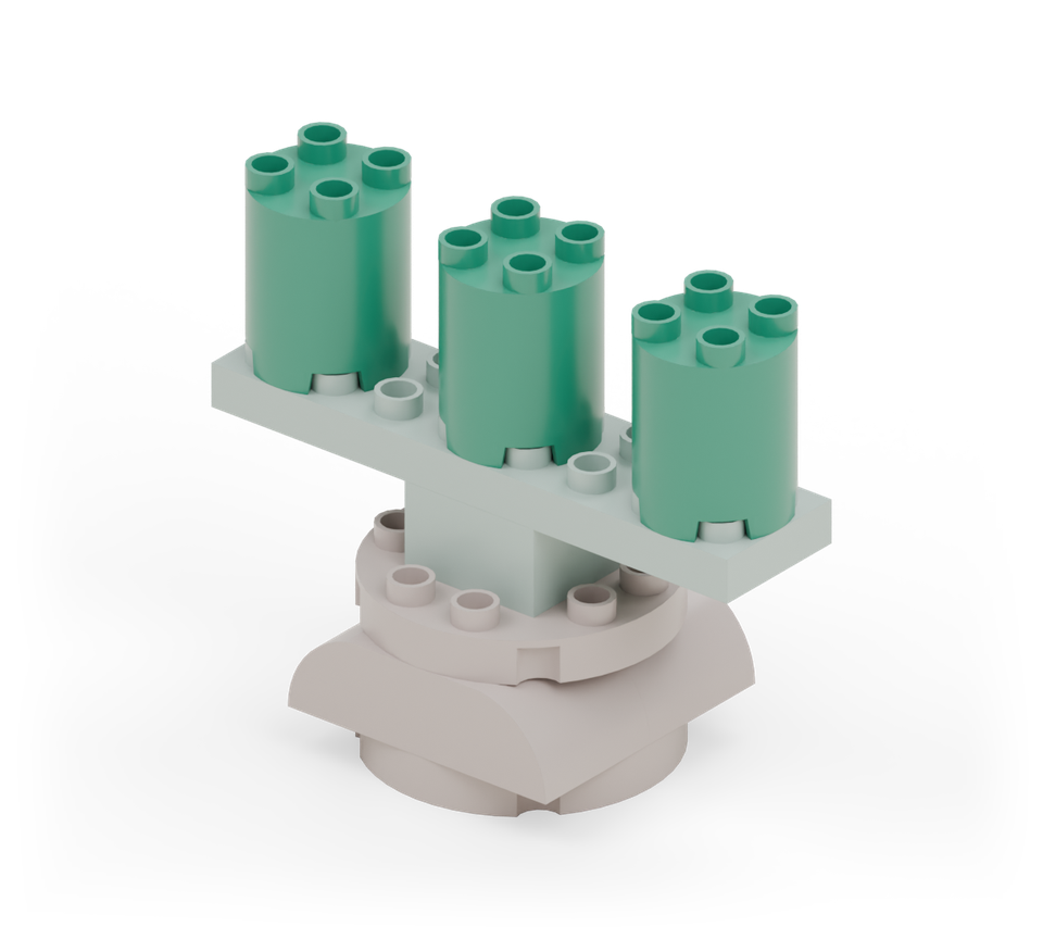 Add three green round tower bricks along the crossbar: one at each end and one in the middle. Leave one stud column between neighbouring towers.