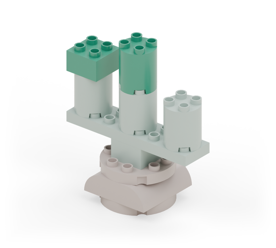 Raise the centre with another green round tower brick, and the left arm with a green square. Leave the right arm shorter.