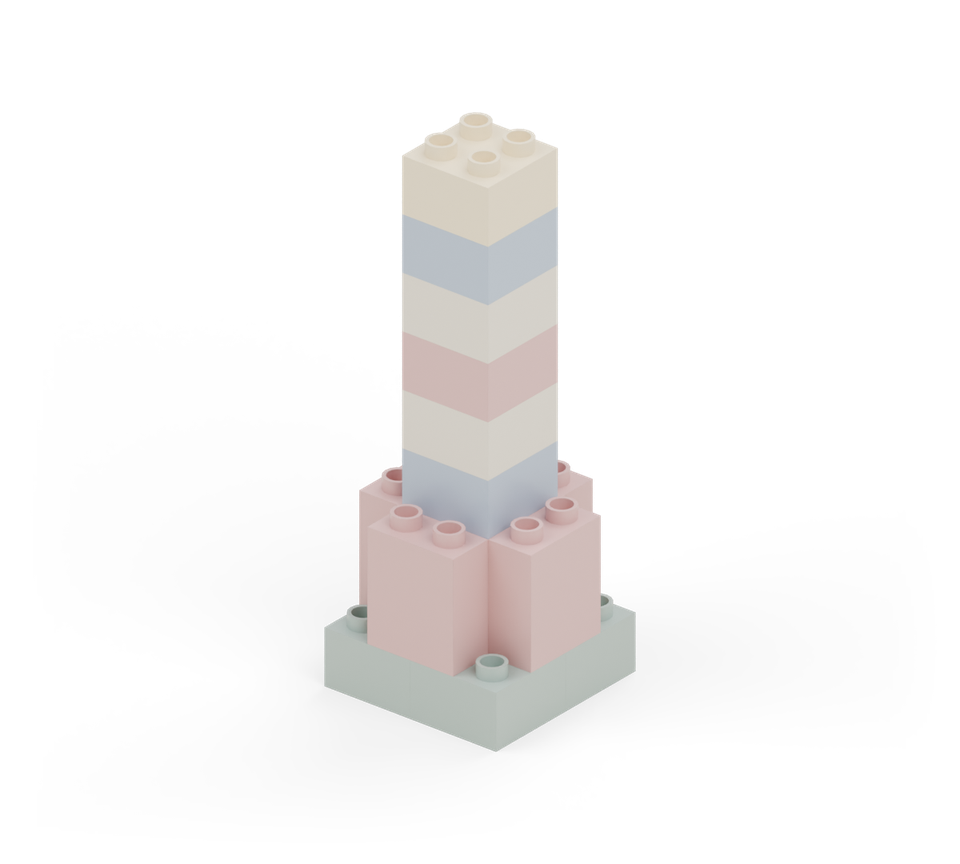Stack a cream square brick on the centre column. New additions are shown in their original colours; earlier pieces are lighter.