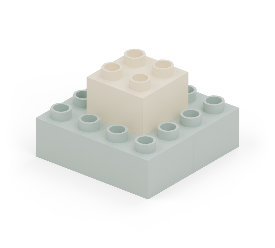 Centre a cream square brick on the launch pad, one stud in from every edge. It joins all four green bricks. New additions are shown in their original colours; earlier pieces are lighter.