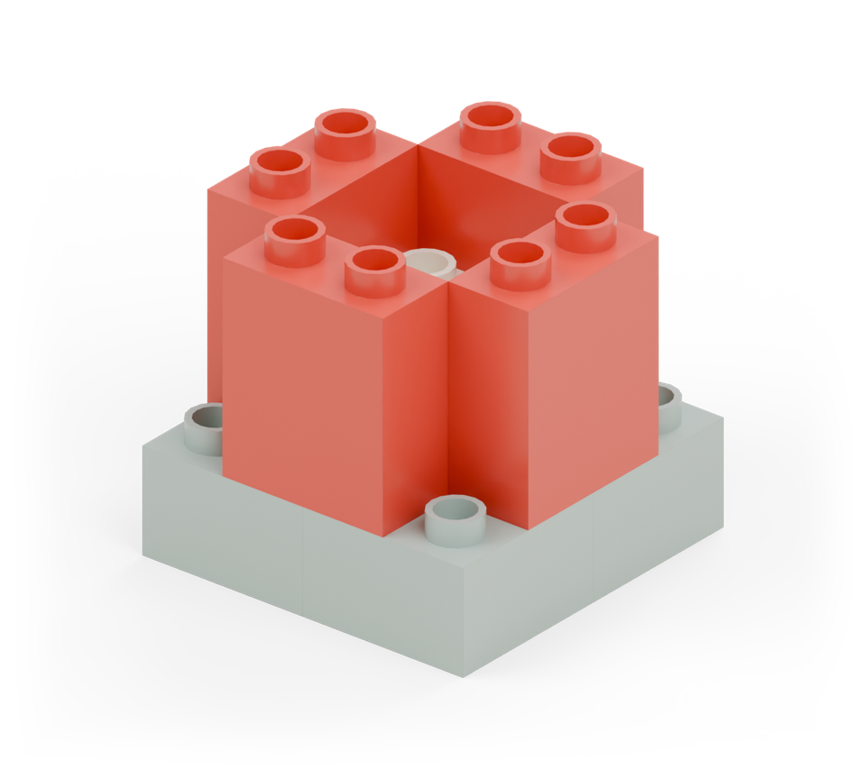 Add four red wall bricks around the cream centre for the fins: one along each outer edge of the launch pad. New additions are shown in their original colours; earlier pieces are lighter.