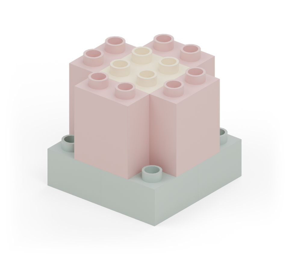 Stack a cream square brick on the centre column. New additions are shown in their original colours; earlier pieces are lighter.