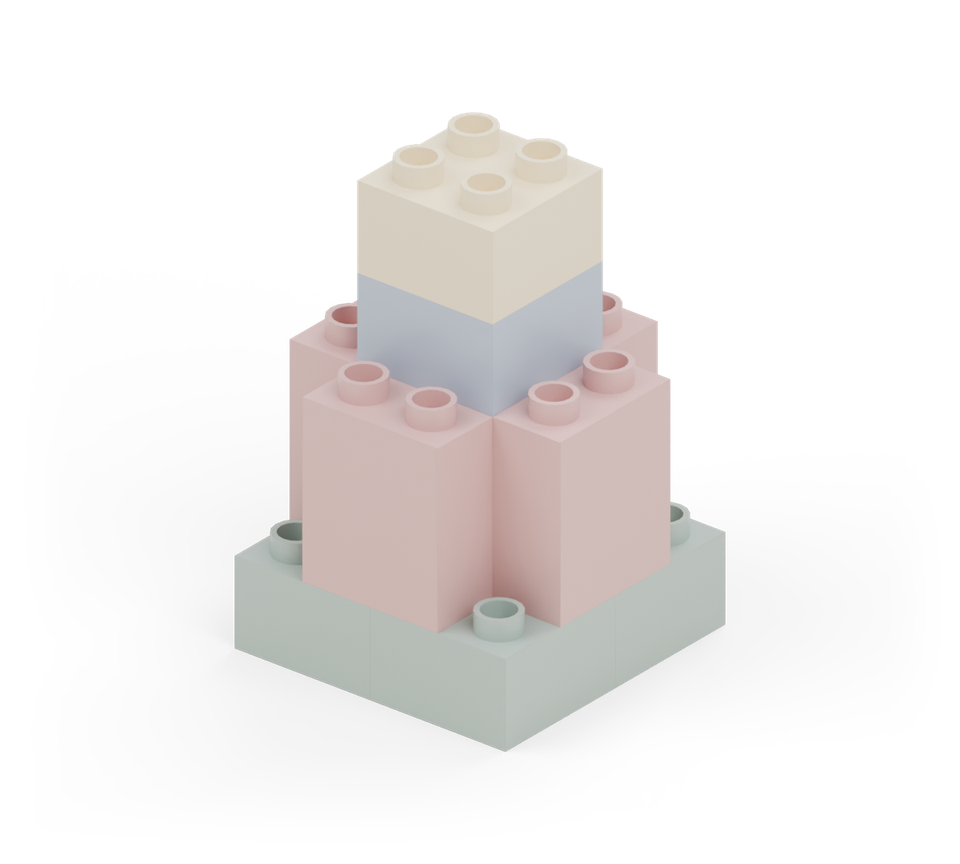Stack a cream square brick on the centre column. New additions are shown in their original colours; earlier pieces are lighter.