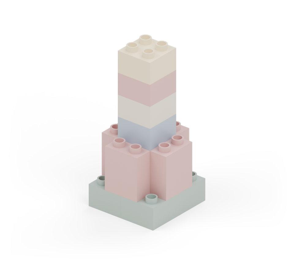 Stack a cream square brick on the centre column. New additions are shown in their original colours; earlier pieces are lighter.