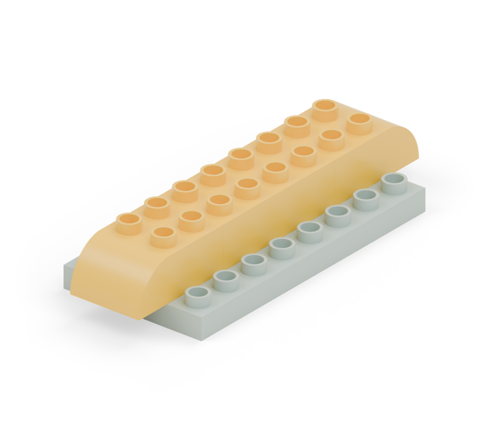 Lay a yellow long brick along the centre, two rows from the back. Add yellow curves at both ends with their rounded ends pointing outward.