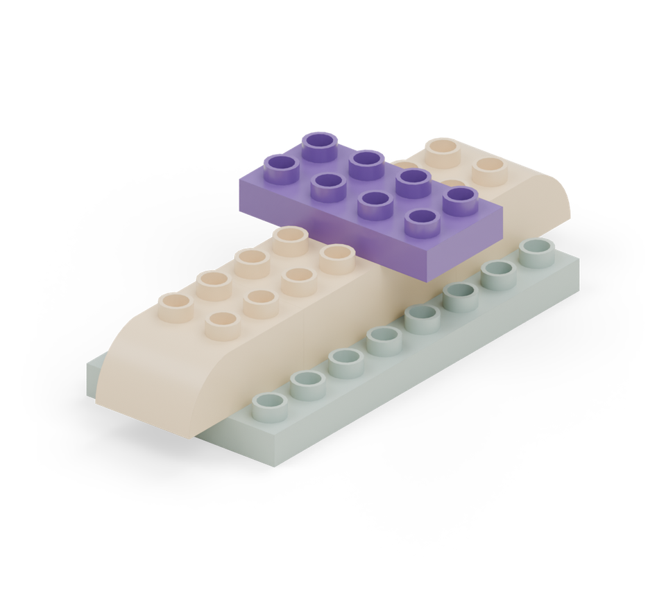 Turn the purple small plate across the body, just behind its middle. Centre it so one stud column projects to each side.