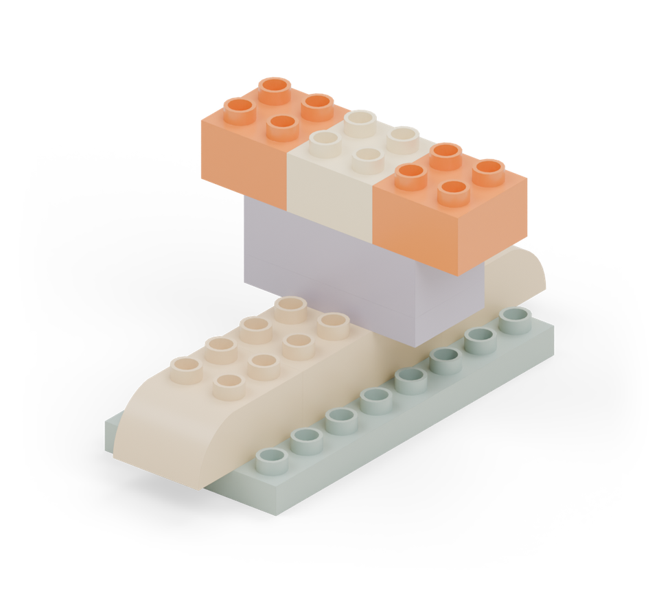 Widen the shell with three squares in a row: orange, cream, orange. The outside squares project one stud column beyond the layer below.