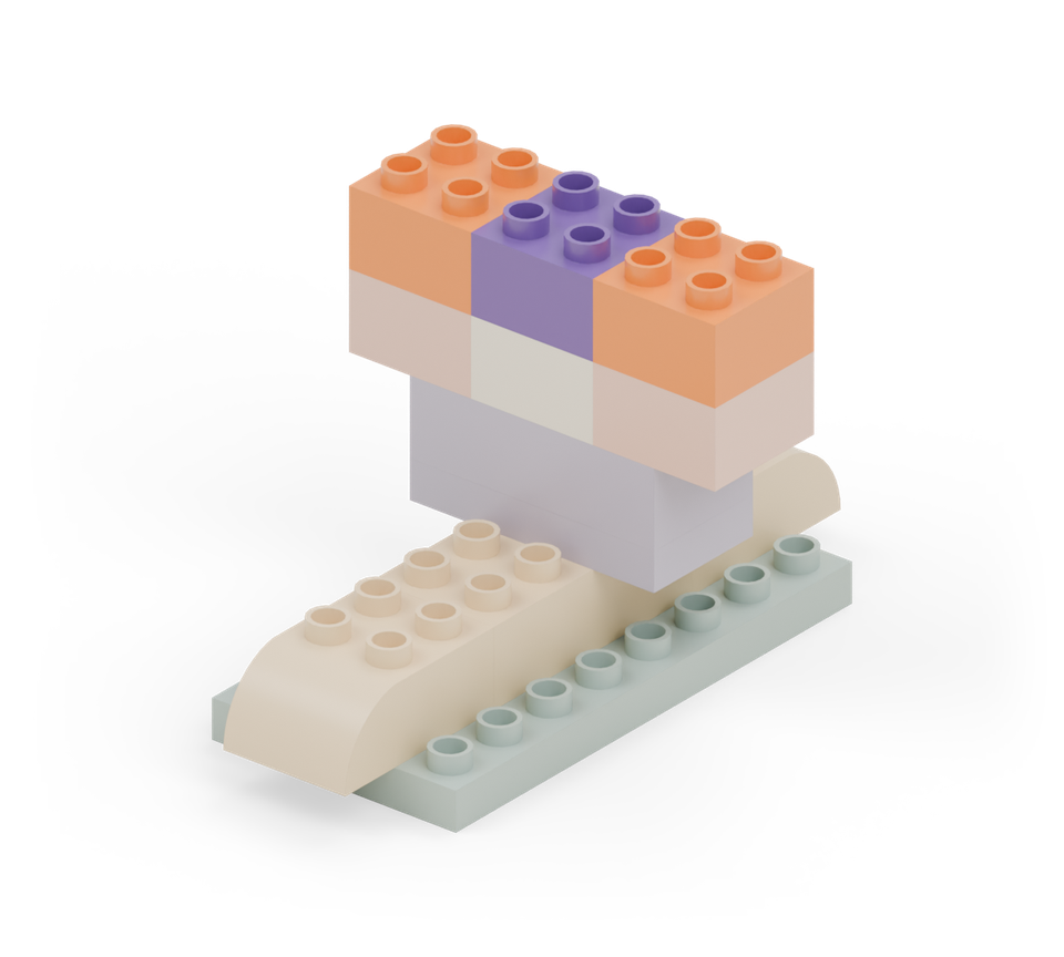 Repeat the three-square row, this time with a purple centre between the orange sides.