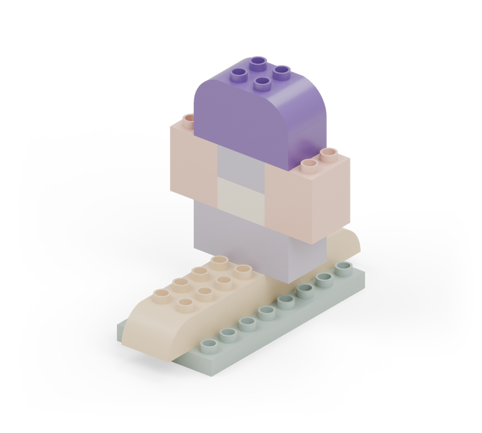 Narrow the shell with a purple long brick centred across the top. Finish it with a purple double-curved brick facing across the shell.