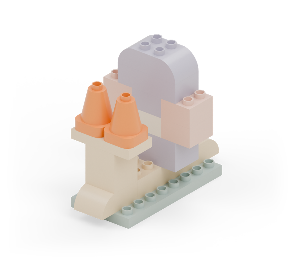 Put two orange cones side by side on the head plate as the snail’s pointed feelers. Leave their top studs free.