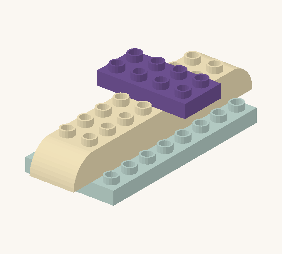 Turn the purple small plate across the body, just behind its middle. Centre it so one stud column projects to each side. New additions are shown in their original colours; earlier pieces are lighter.