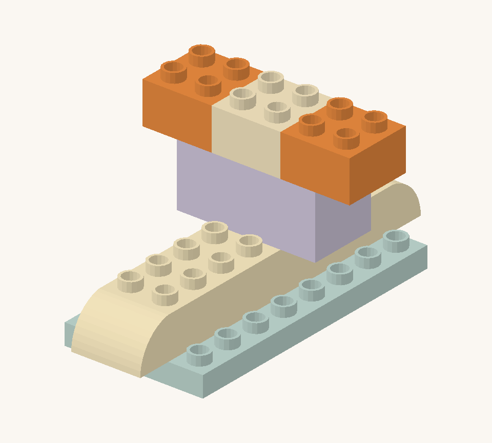 Widen the shell with three squares in a row: orange, cream, orange. The outside squares project one stud column beyond the layer below. New additions are shown in their original colours; earlier pieces are lighter.