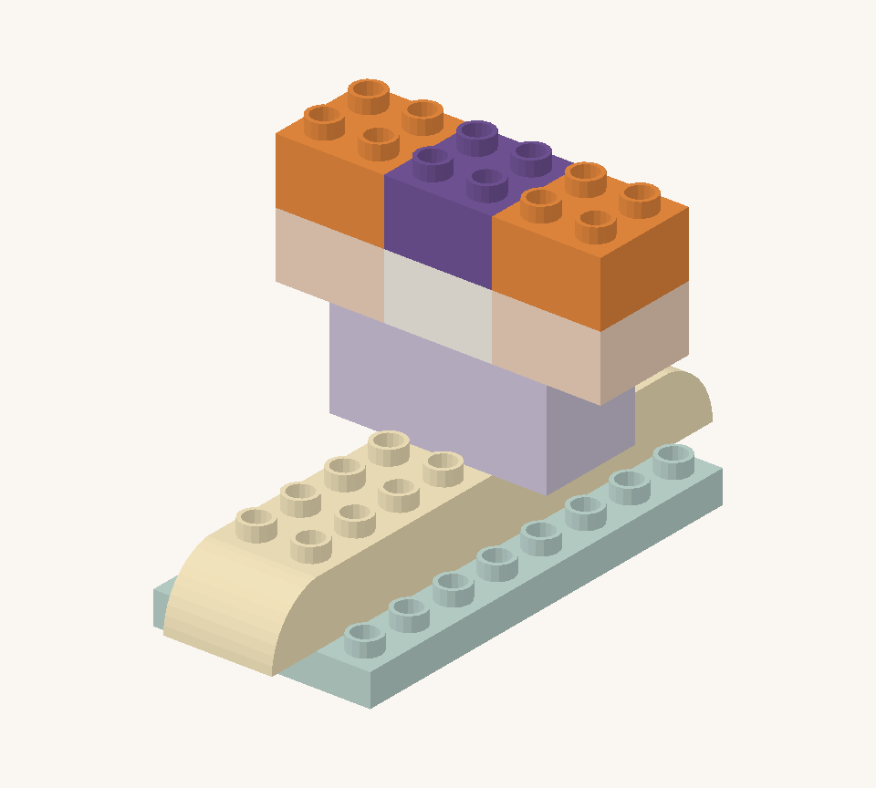 Repeat the three-square row, this time with a purple centre between the orange sides. New additions are shown in their original colours; earlier pieces are lighter.