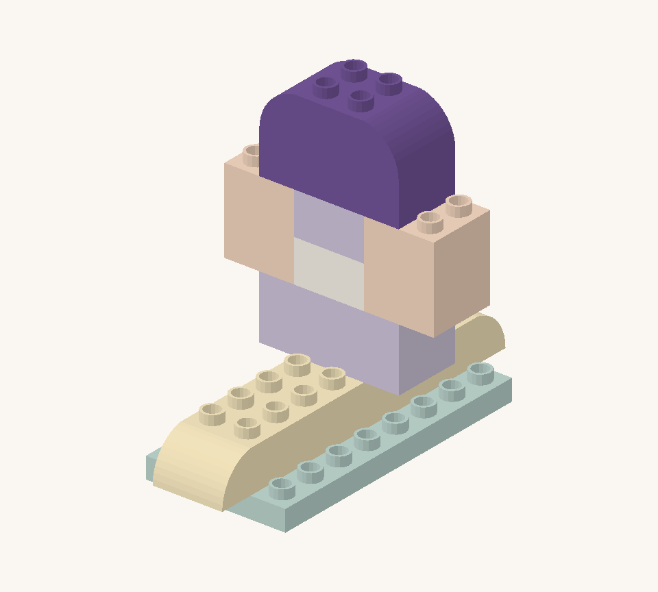 Narrow the shell with a purple long brick centred across the top. Finish it with a purple double-curved brick facing across the shell. New additions are shown in their original colours; earlier pieces are lighter.