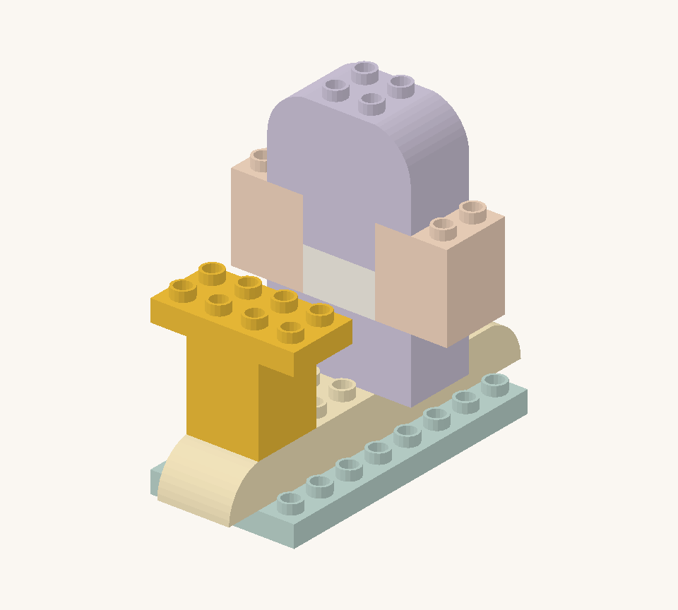 Stand a yellow tall square on the flat rows of the front curve for the head. Turn a yellow small plate across it, centred left to right. New additions are shown in their original colours; earlier pieces are lighter.