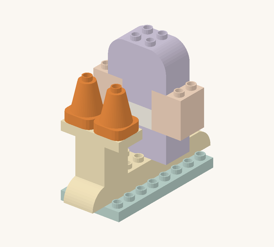 Put two orange cones side by side on the head plate as the snail’s pointed feelers. Leave their top studs free. New additions are shown in their original colours; earlier pieces are lighter.