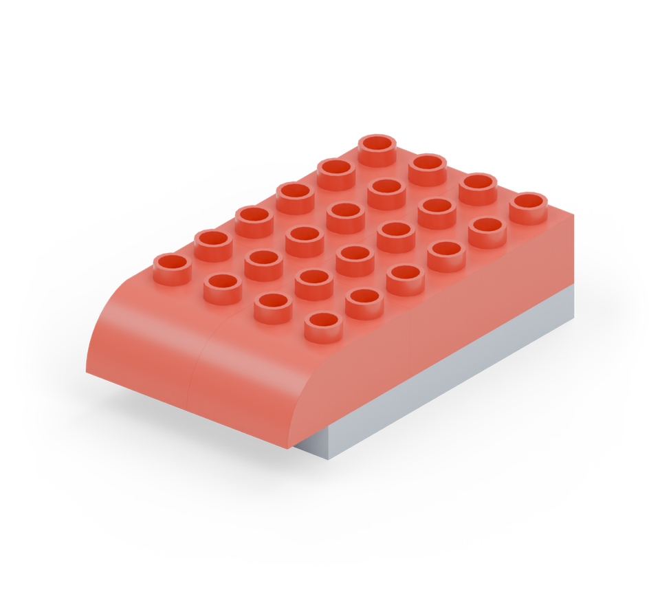 Make the red hull with two long bricks side by side at the back and two curves at the front. Point the rounded bow ends forward, one row beyond the blue plate.