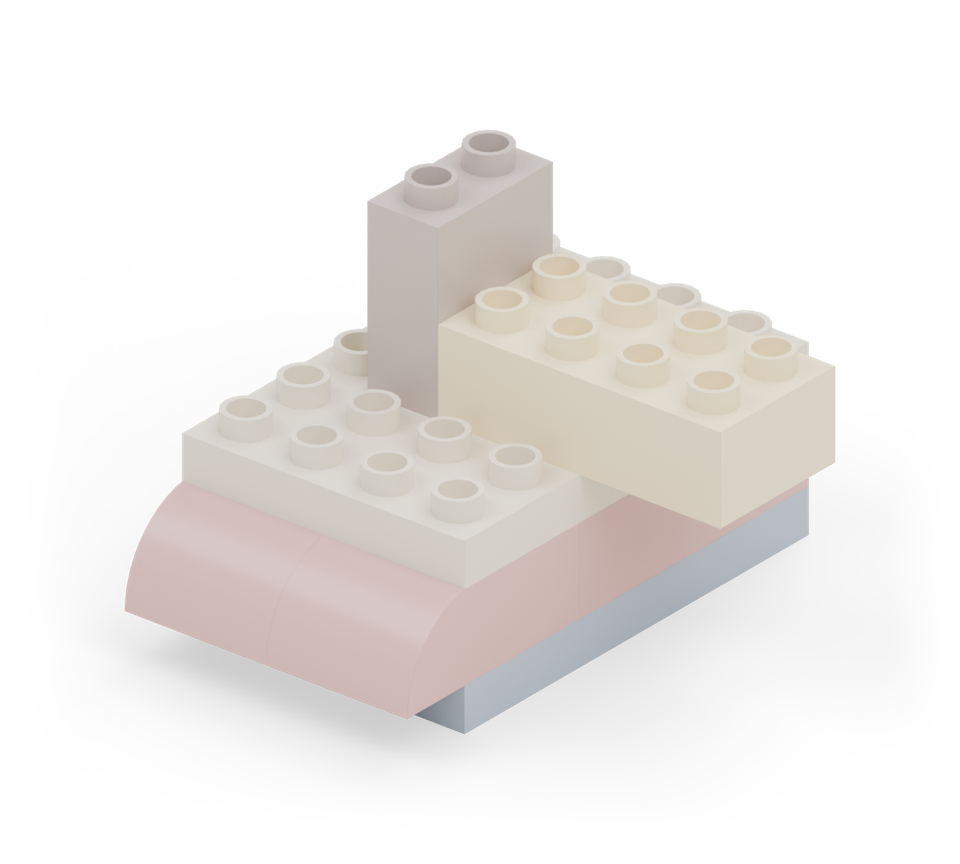 Start the larger cream sail beside the right of the mast. Turn a cream long brick across the deck so half of it projects beyond the boat’s right side.