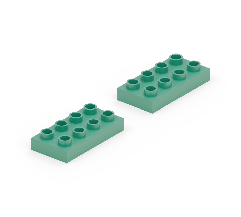 Place two green small plates in a line, leaving two stud rows of space between them.