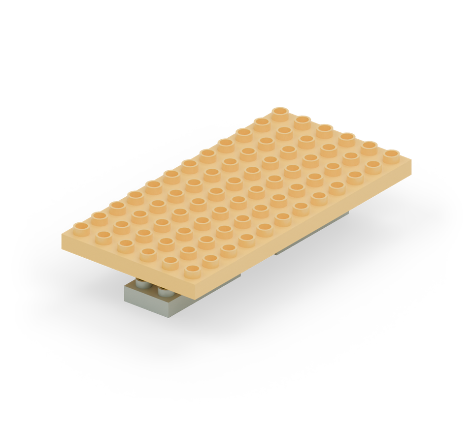 Centre the large yellow base plate across both legs, with its long edge following the line of the feet. It overhangs each side by two stud columns and each end by one row.