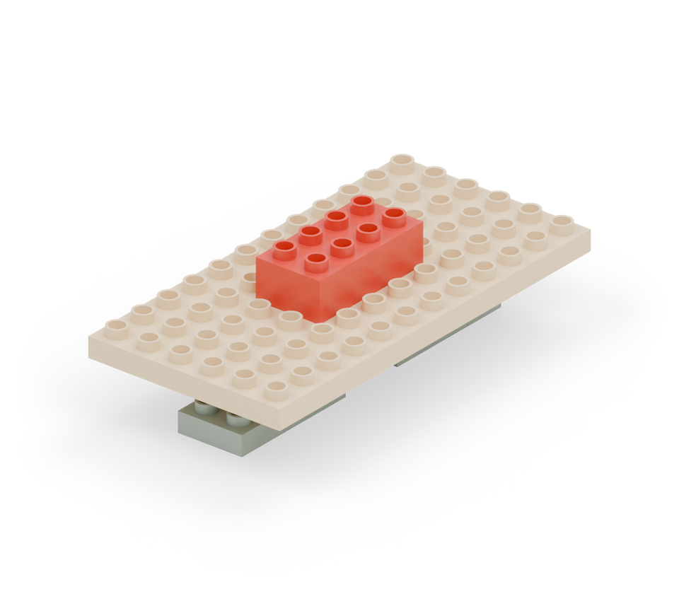 Add the red long brick in the middle of the tabletop. Check the wide tabletop and both legs stay attached.