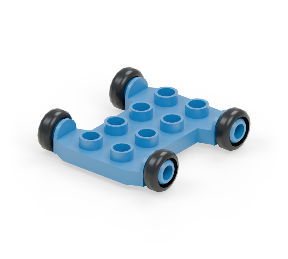 Set the blue wheeled base on the table. Its four black wheels are already attached.
